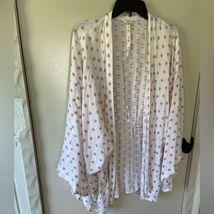 White and pink polka dot linen cardigan. Great light layer.